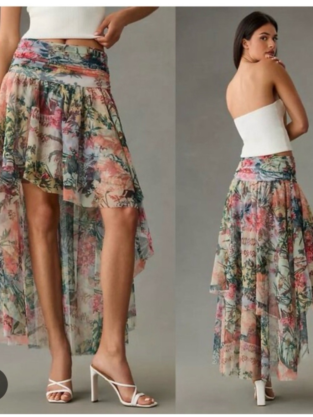 Anthropologie Floral High-Low Tiered Skirt in Pink and Green size 14: NWT